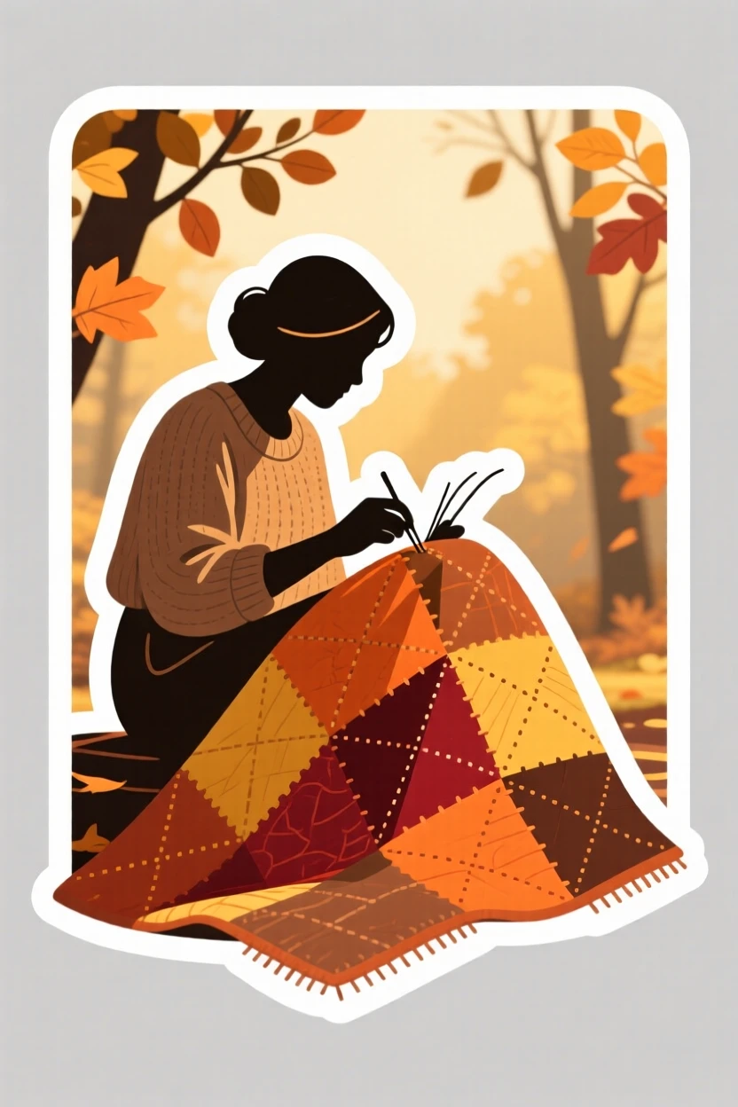 A completely absorbed quilter stitching together a patchwork blanket, fully immersed in the creative process, during a golden autumn afternoon.