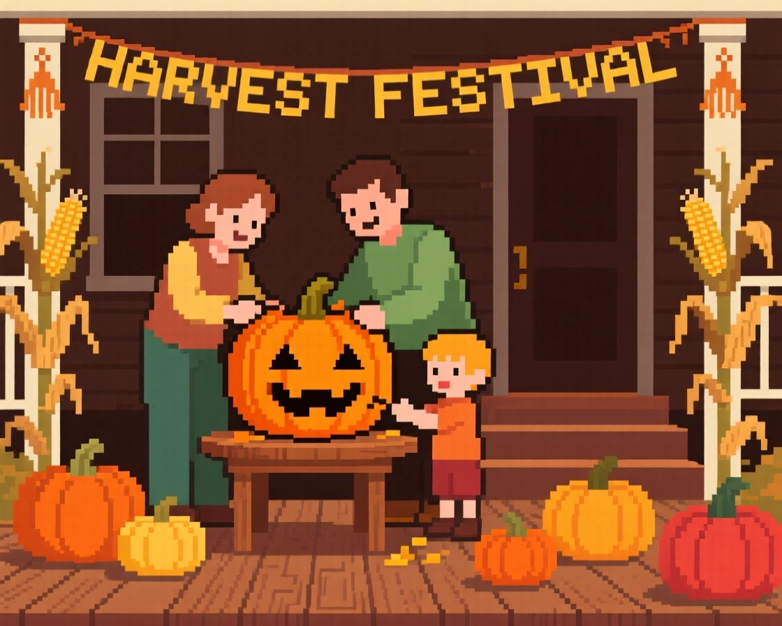 A family carving a pumpkin surrounded by pumpkins and dried corn stalks, on a porch decorated for a harvest festival.