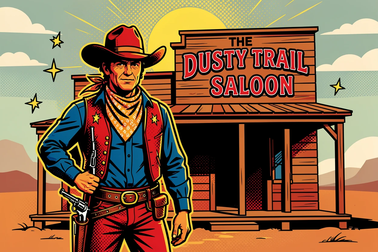 A Wild West cowboy standing before a dusty saloon at high noon