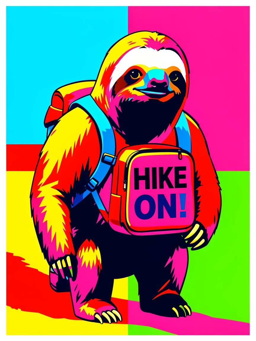 Sloth wearing a tiny backpack hiking