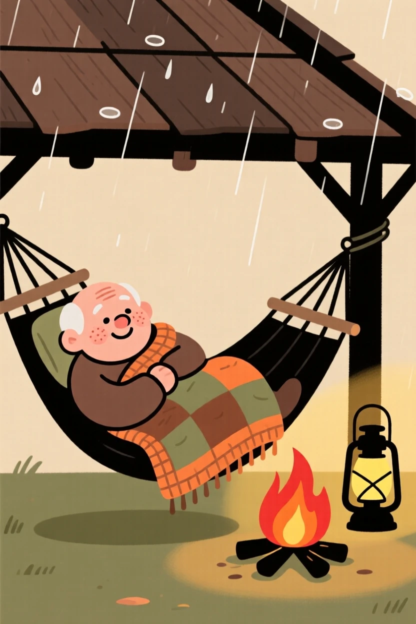 A elderly man curls up in a hammock by the fire beside a softly glowing lamp, wrapped in a knitted quilt while listening to rain on the roof.