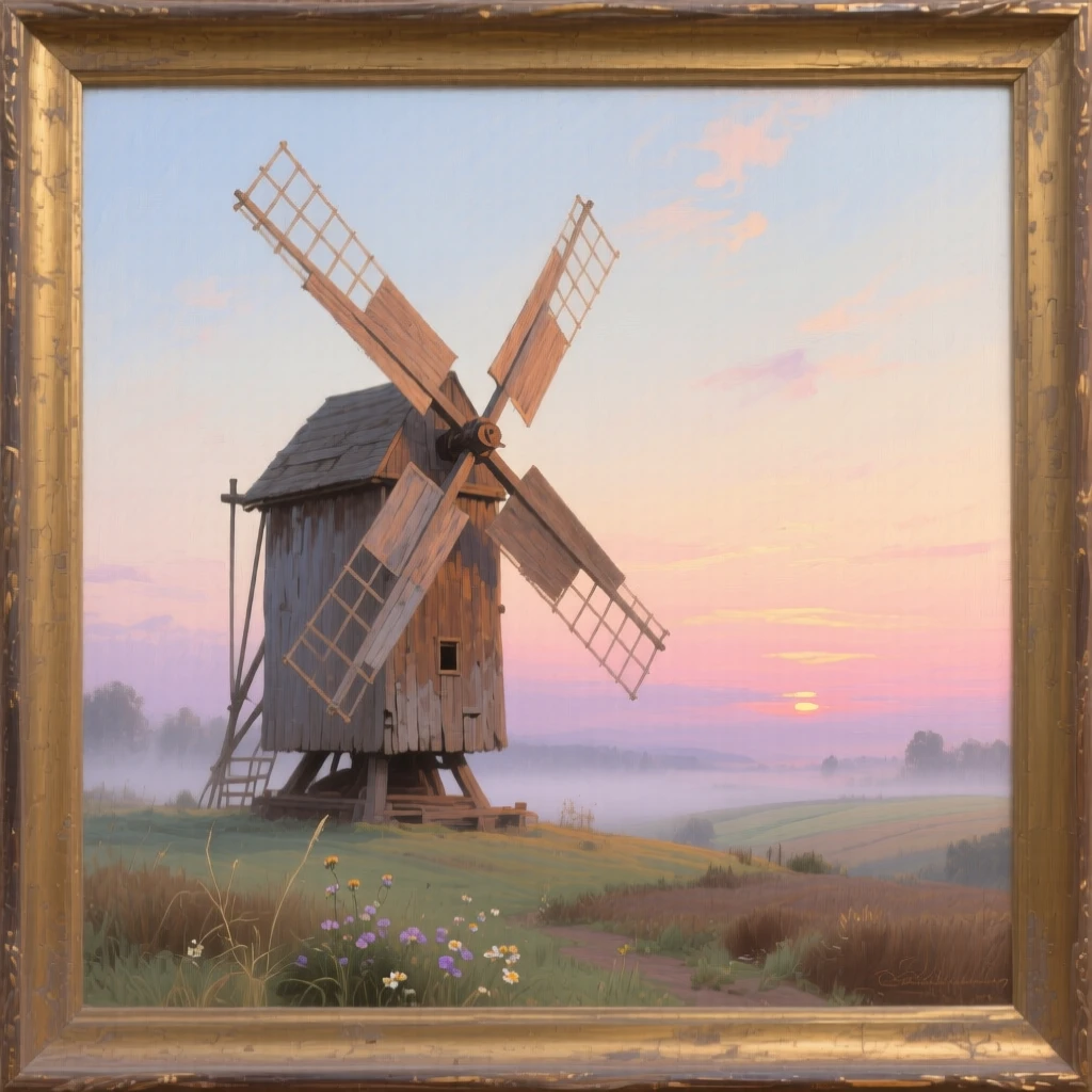 A well-framed scene of an old windmill turning slowly against a pastel evening sky, in the last light of sunset, in a light morning mist.
