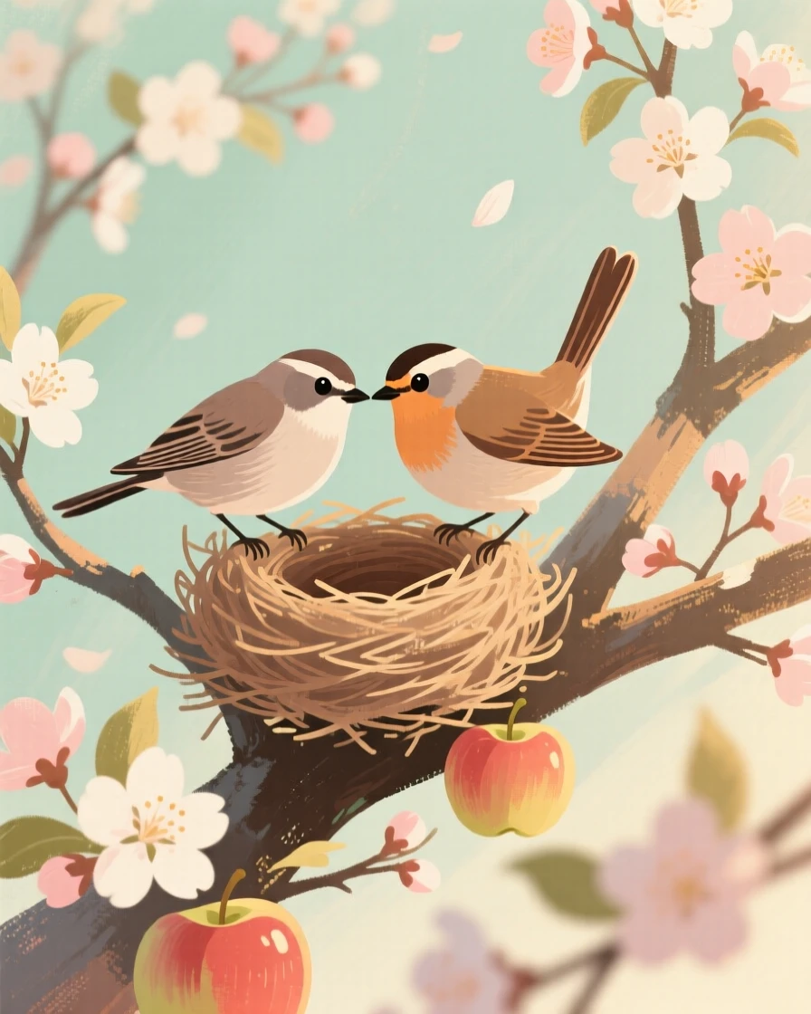 A pair of birds building a nest in a blossoming apple tree