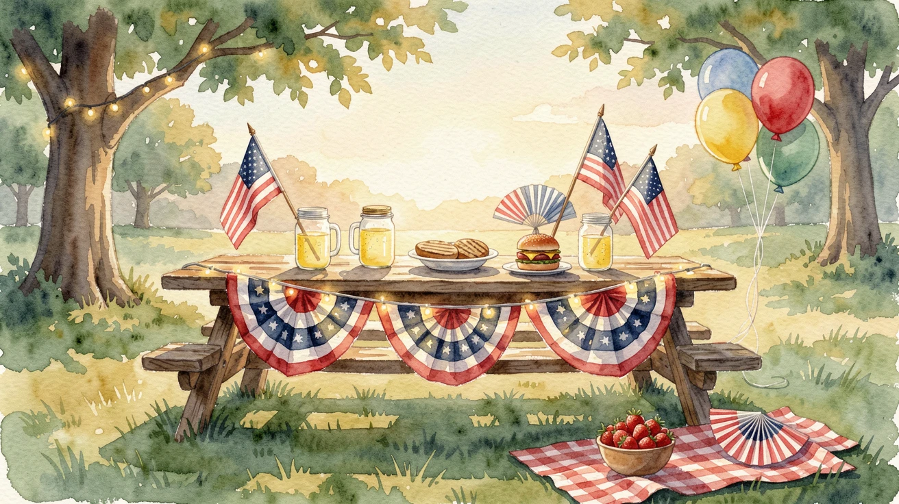 A Fourth of July picnic with flags and bunting with festive decorations glowing softly.