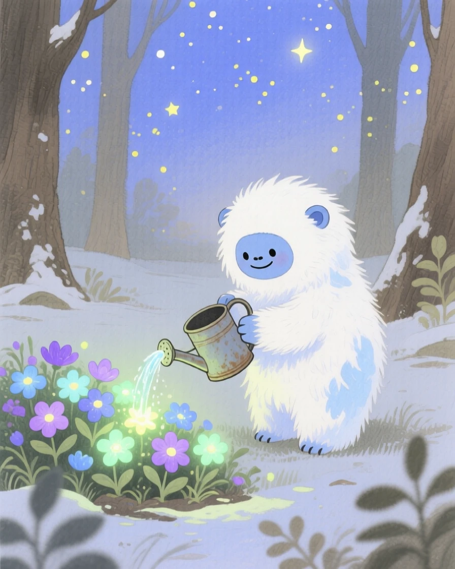 A tiny snow yeti cub waters a garden of luminous flowers in a hidden forest glade, with stars beginning to appear overhead