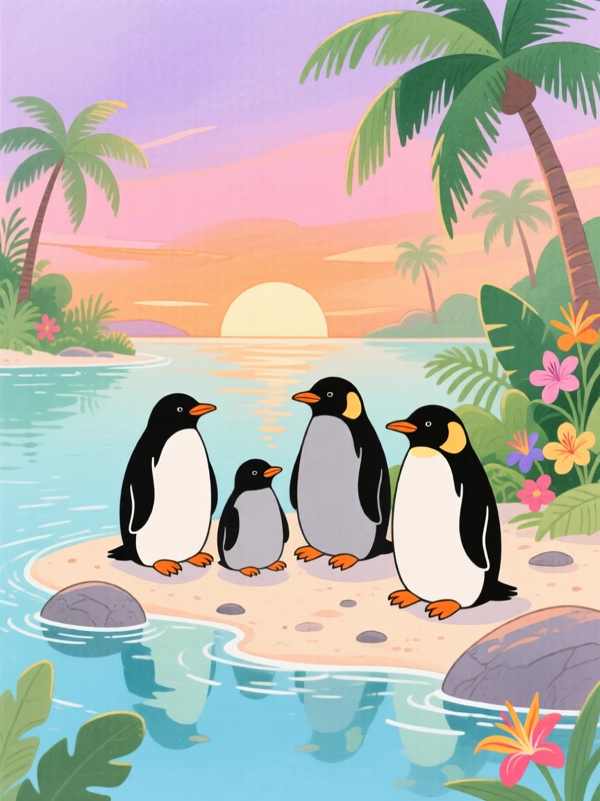 A family of penguins resting peacefully in a tropical lagoon at sunset.