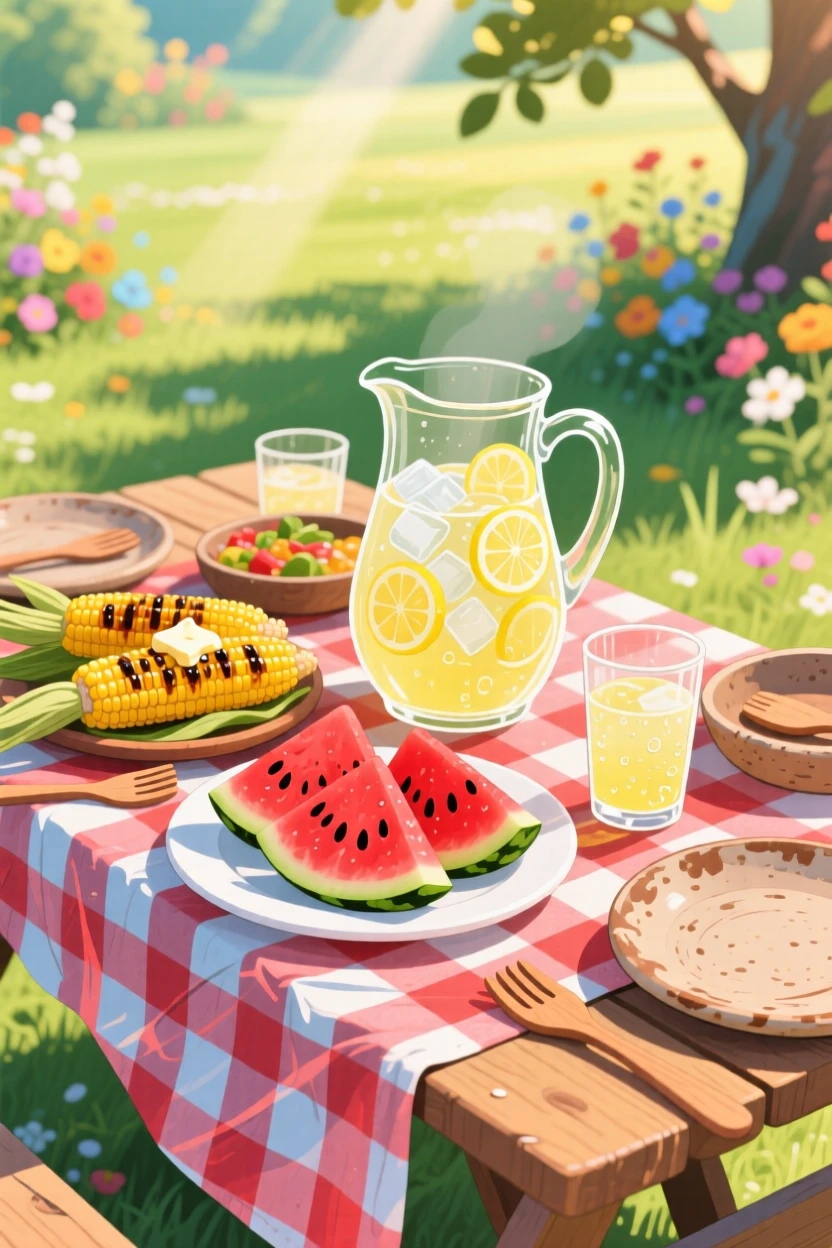 A table set for a summer barbecue with corn, watermelon, and lemonade, capturing the joy of sharing a homemade meal.