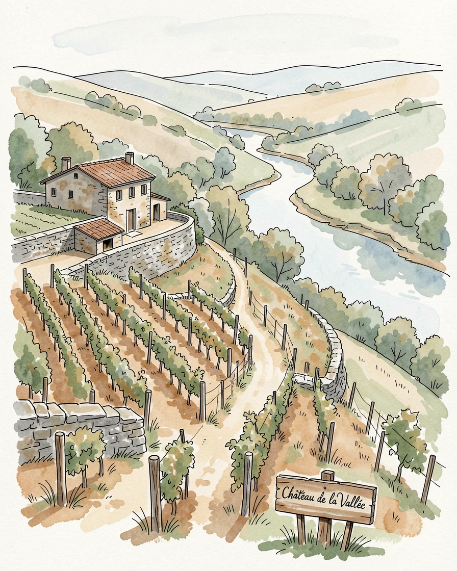 A hillside terrace vineyard overlooking a winding river valley, a gentle stillness settling over the historic setting.
