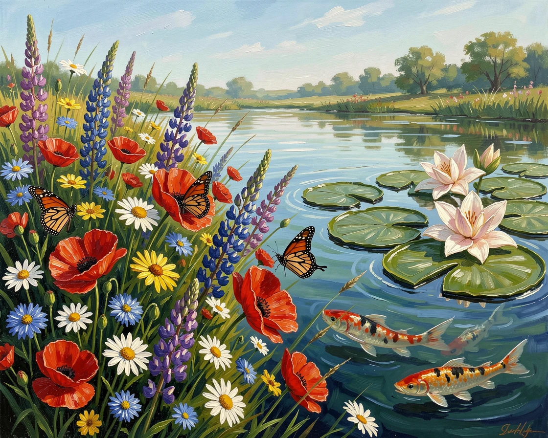 A wildflower meadow bursting with color, butterflies gathering around a cluster of blossoms, beside a koi pond with lily pads drifting on the surface, in peak summer bloom, colors saturated and vivid.