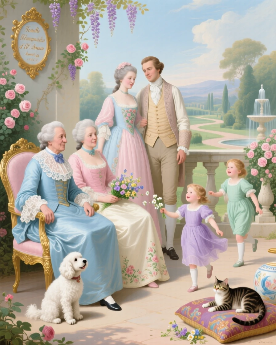 A family portrait with grandparents, parents, children, and pets on a terrace  