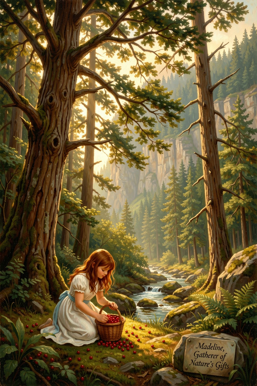 A young girl gathers berries in a basket beneath towering trees.