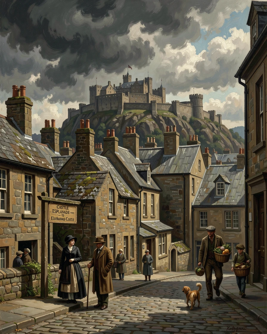 The historic rooftops of Edinburgh beneath a dramatic stormy sky, with locals and travelers adding life and scale to the scene, evoking a strong sense of place, history, and atmosphere