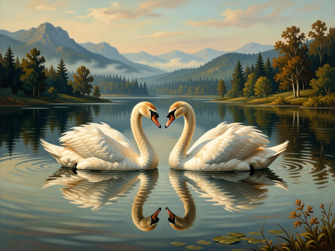 A pair of swans gliding gracefully across a still, mirrored lake at the peaceful, unguarded heart of the natural world, set within an untouched wilderness far from human hands, with distant mountains or forests fading softly into the horizon; soft depth of field isolates the animal against a dreamlike backdrop, evoking wonder, majesty, and reverence for the natural world.