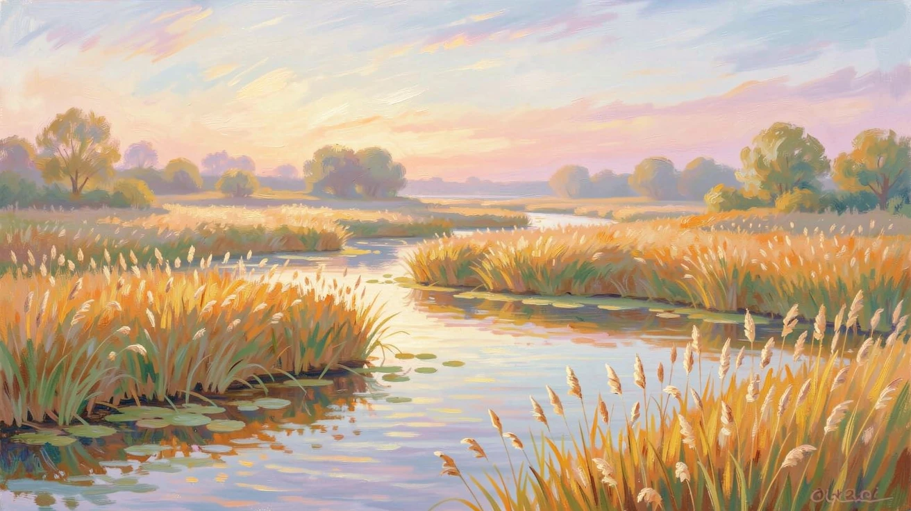 A quiet river delta at sunset, channels of water winding through golden reed beds, in the gentle hush of early morning, evoking timeless charm and quiet elegance.