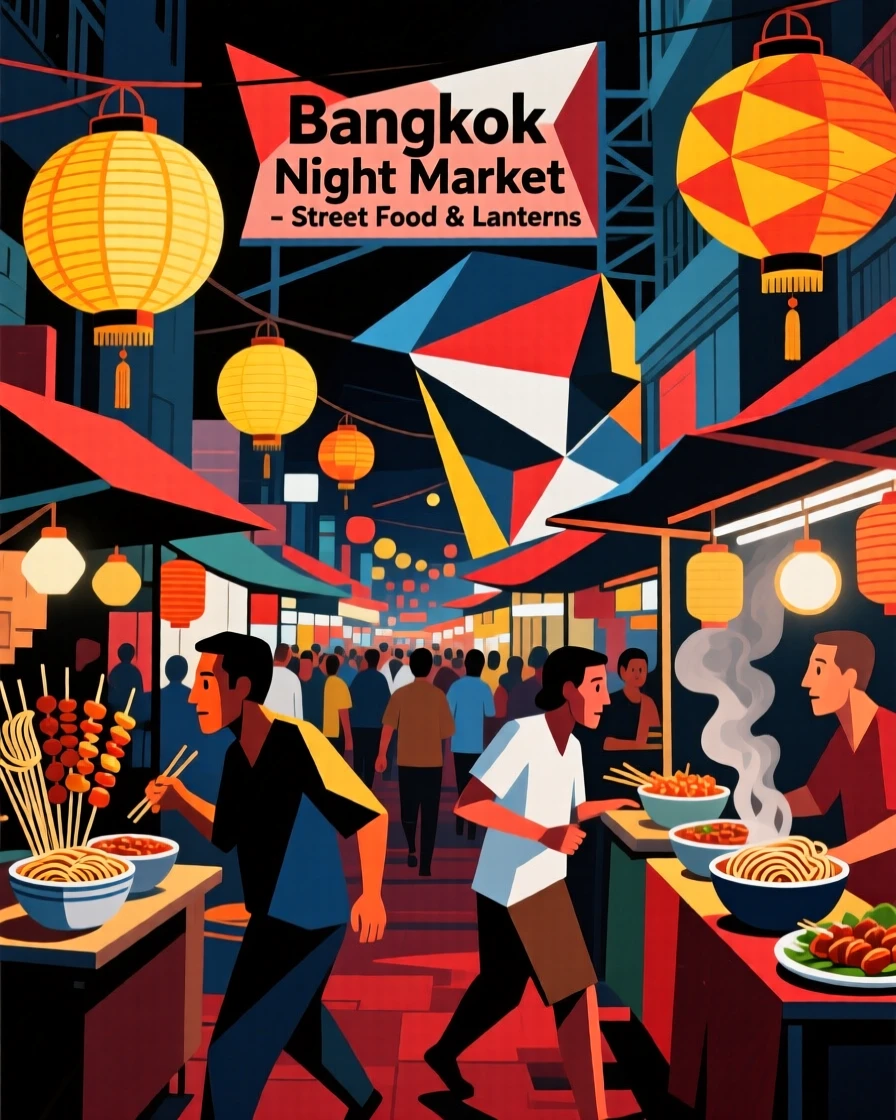 A bustling night market in Bangkok glowing with lanterns and street food stalls.