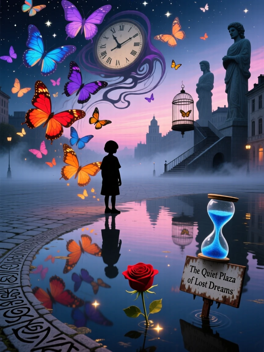 A child whose shadow is made of butterflies stands motionless at the center of a quiet plaza, as the ground beneath them slowly turns to still water.