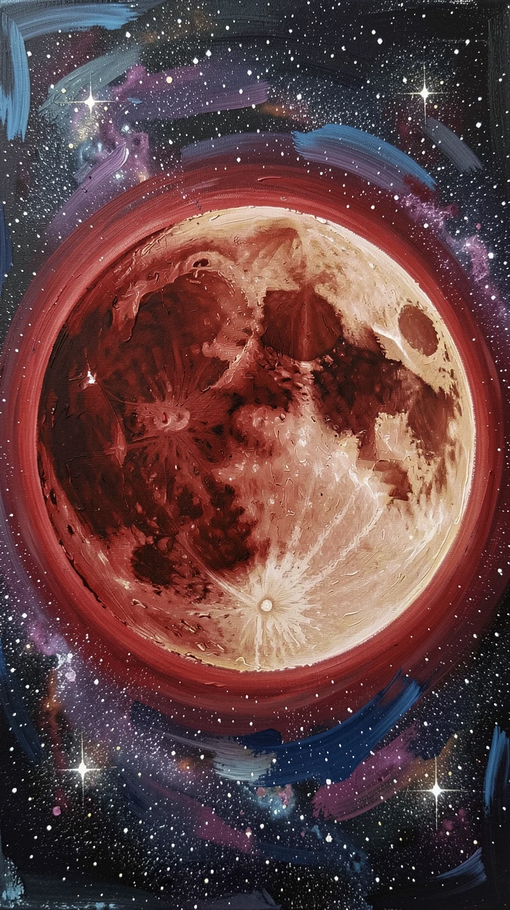 A lunar eclipse turns the moon a deep blood red as Earth's shadow passes slowly across its cratered surface against a star-filled sky, the setting suggesting centuries of untold stories embedded in every weathered surface.