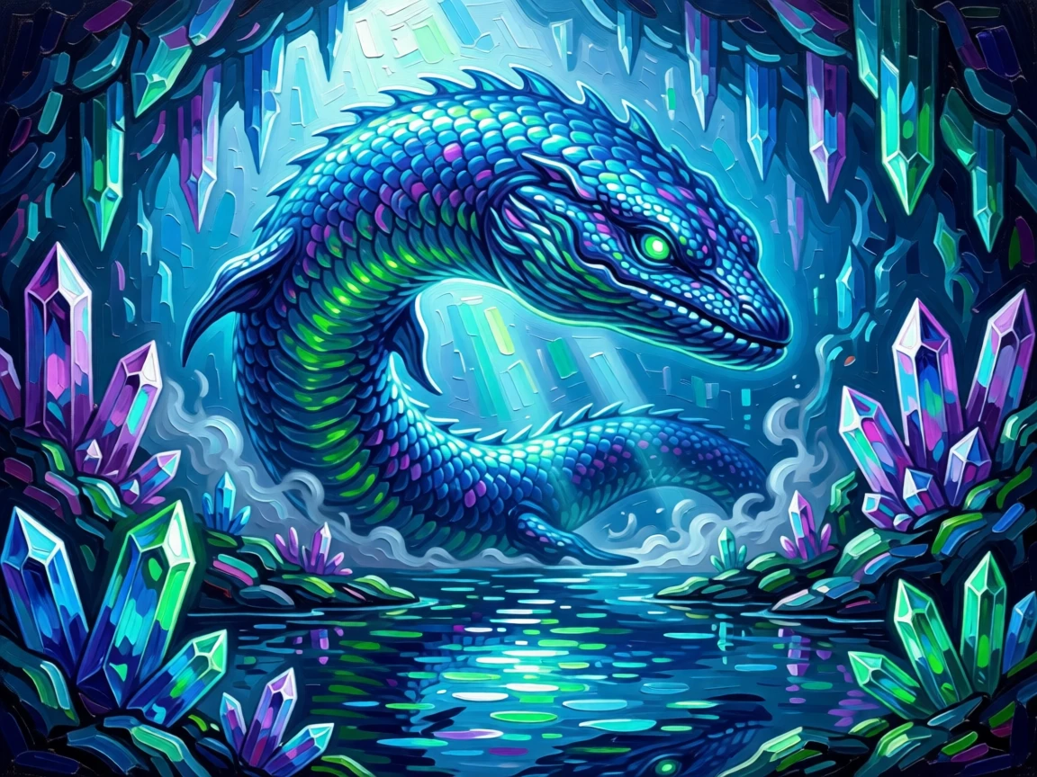a bioluminescent deep-sea leviathan awakening within a crystal cavern lit by glowing gems