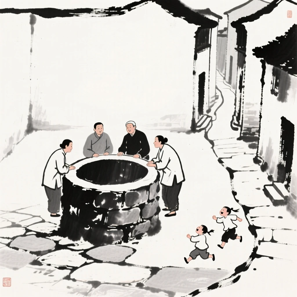Villagers gather at a well in the center of a quiet stone courtyard, as children run laughing through the narrow lanes.