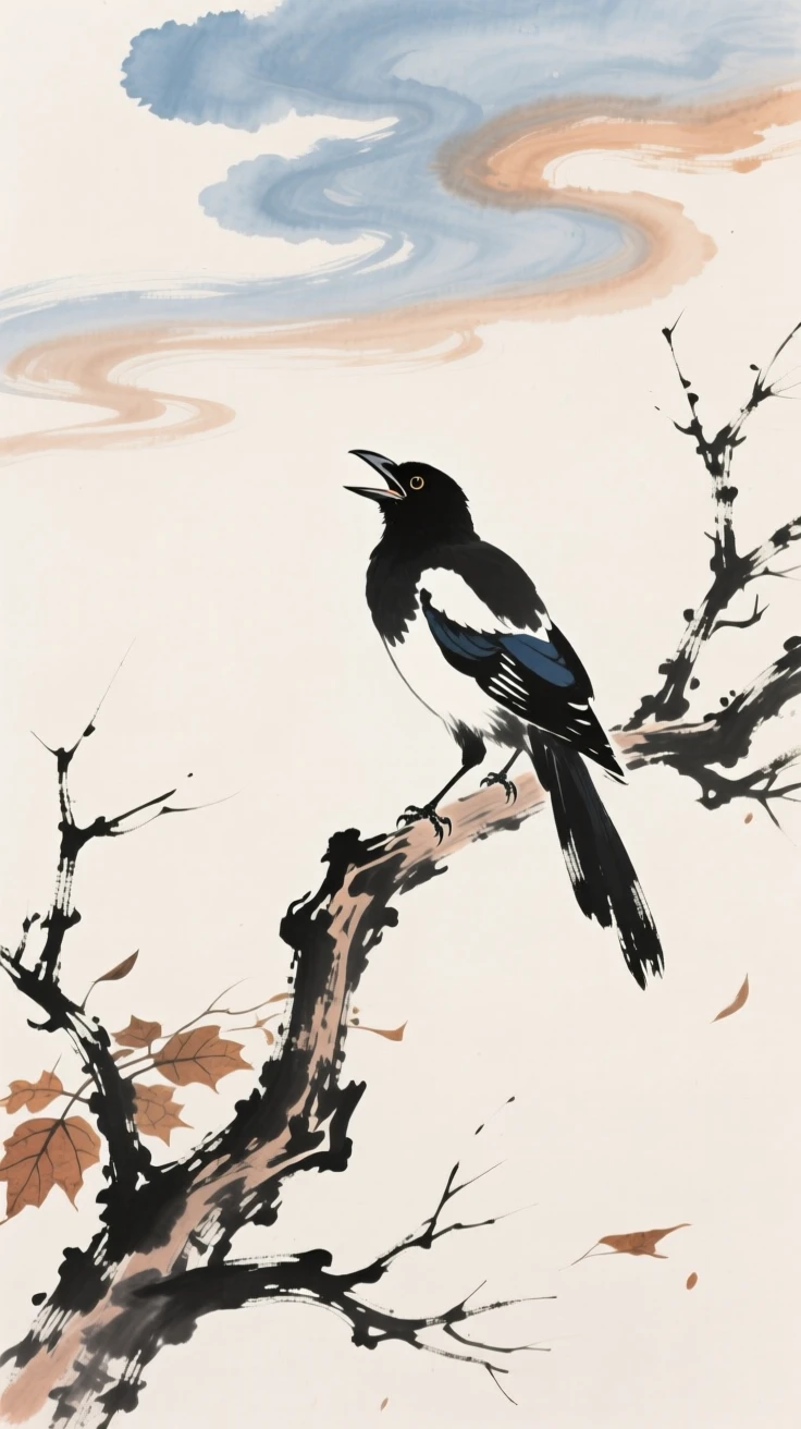 A magpie perched on a bare winter branch calling into the cold air, under drifting clouds, at the turn of autumn.