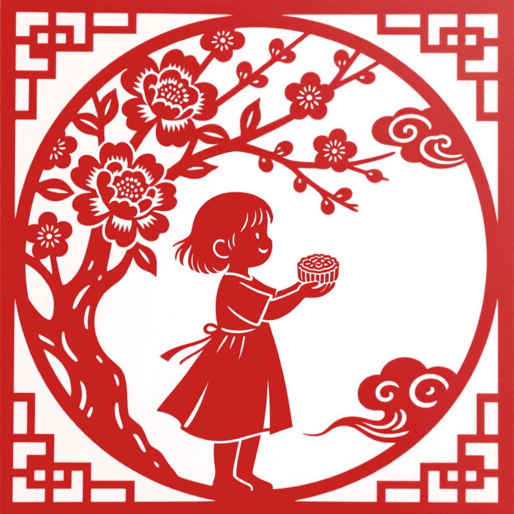 A little girl in a red dress, sharing a treat beneath a blossoming tree, their laughter echoing through the courtyard.