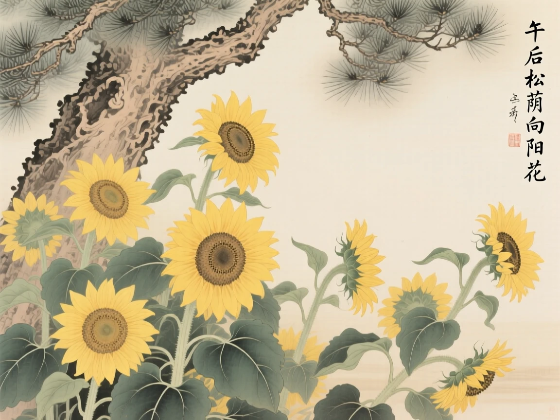 Sunflowers turning toward the afternoon light beneath the shade of an ancient pine tree