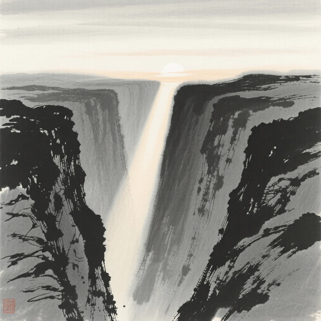 A narrow canyon lit by a single shaft of daylight at first light, when the world is still hushed and grey, composed with wide open space above to emphasize the scale of the sky, suggesting the quiet vastness of the natural world.