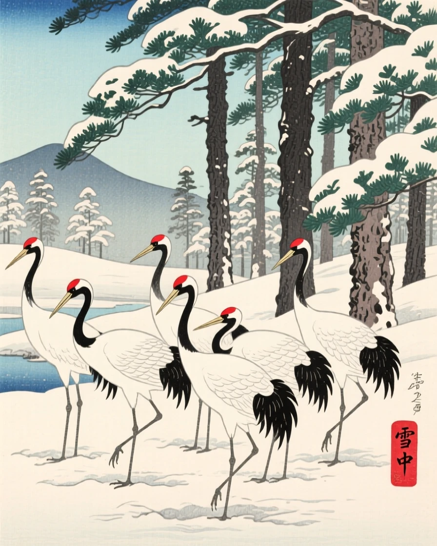 A flock of cranes pausing at a snow-covered forest edge.