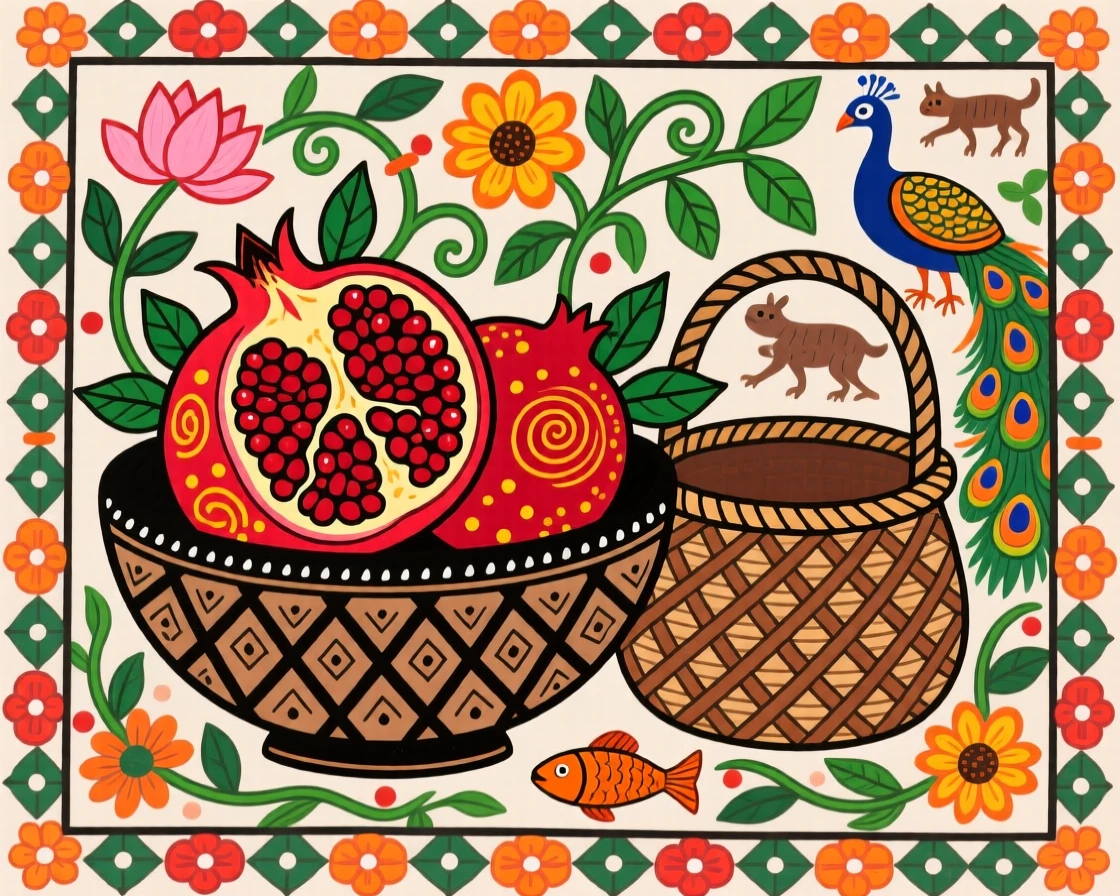 A bowl of ripe pomegranates split open beside a woven basket.