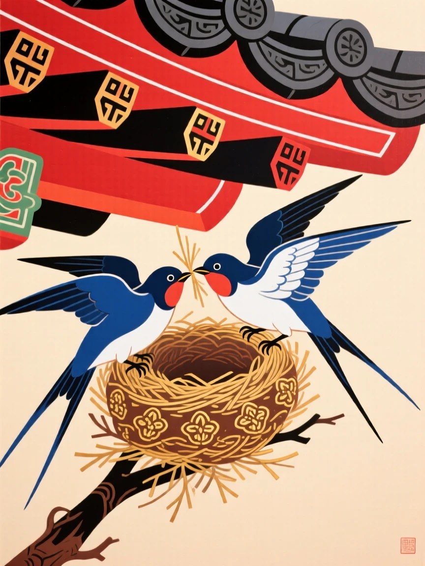 A pair of swallows building a nest beneath a red-painted eave, symbolizing new beginnings.