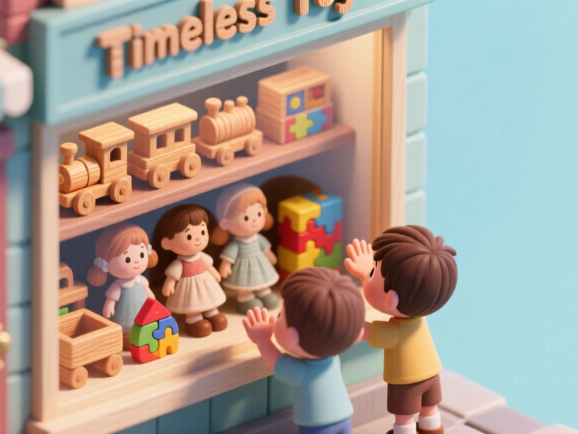 A charming toy store window filled with wooden trains, dolls, and puzzles, children pressing against the glass in delight.