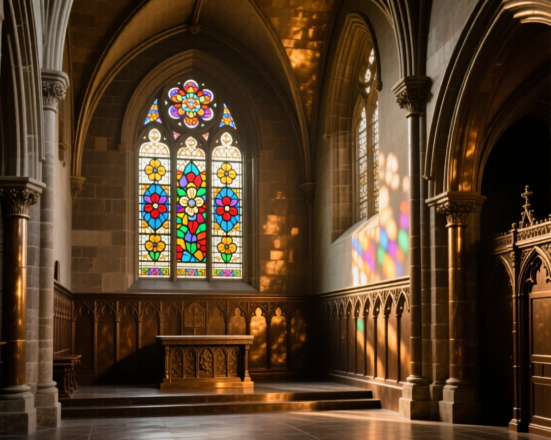 A quiet chapel bathed in colored light from a single stained glass window, with a powerful sense of history and grandeur, exuding timeless grandeur