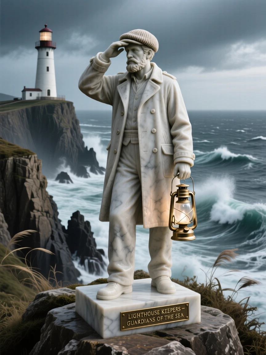 A beautifully composed image of a lighthouse keeper watching over a stormy sea, framed by dramatic natural scenery, full of atmosphere and visual storytelling