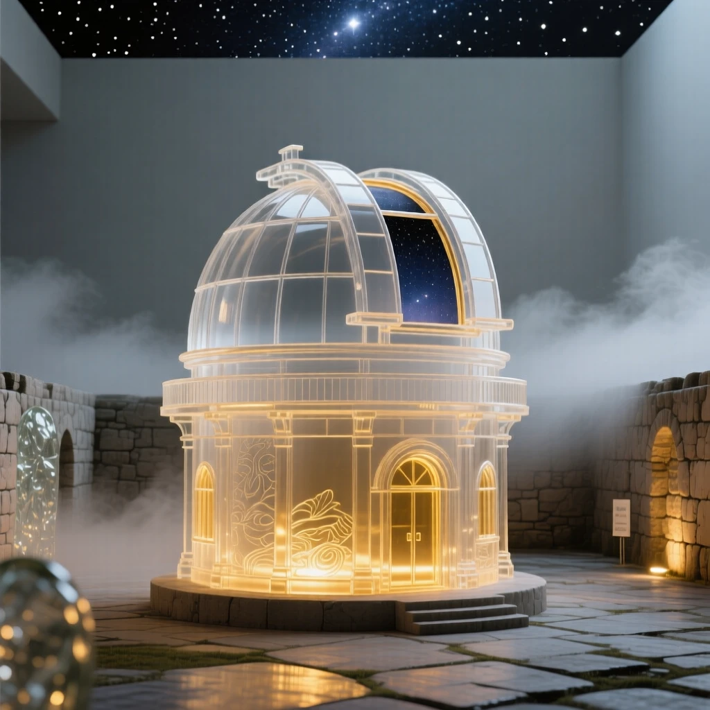 A domed observatory opening its roof to a starlit sky as golden light spills across the surrounding courtyard, while a light mist settles gently over the old stone walls
