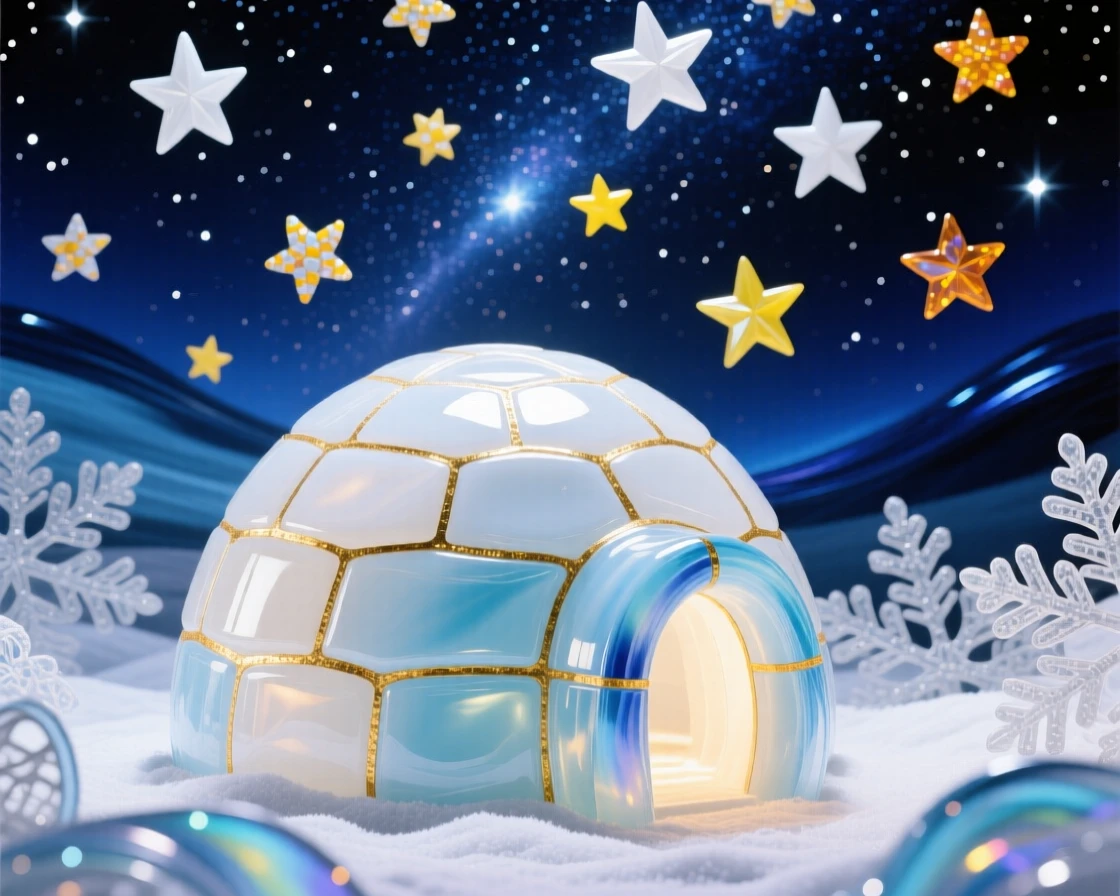 An Inuit igloo glowing warmly beneath a sky full of stars, cozy and resilient.