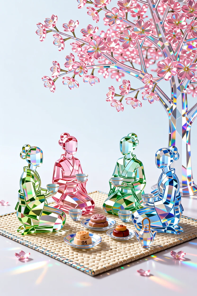 A Japanese cherry blossom hanami picnic gathering beneath blooming trees.