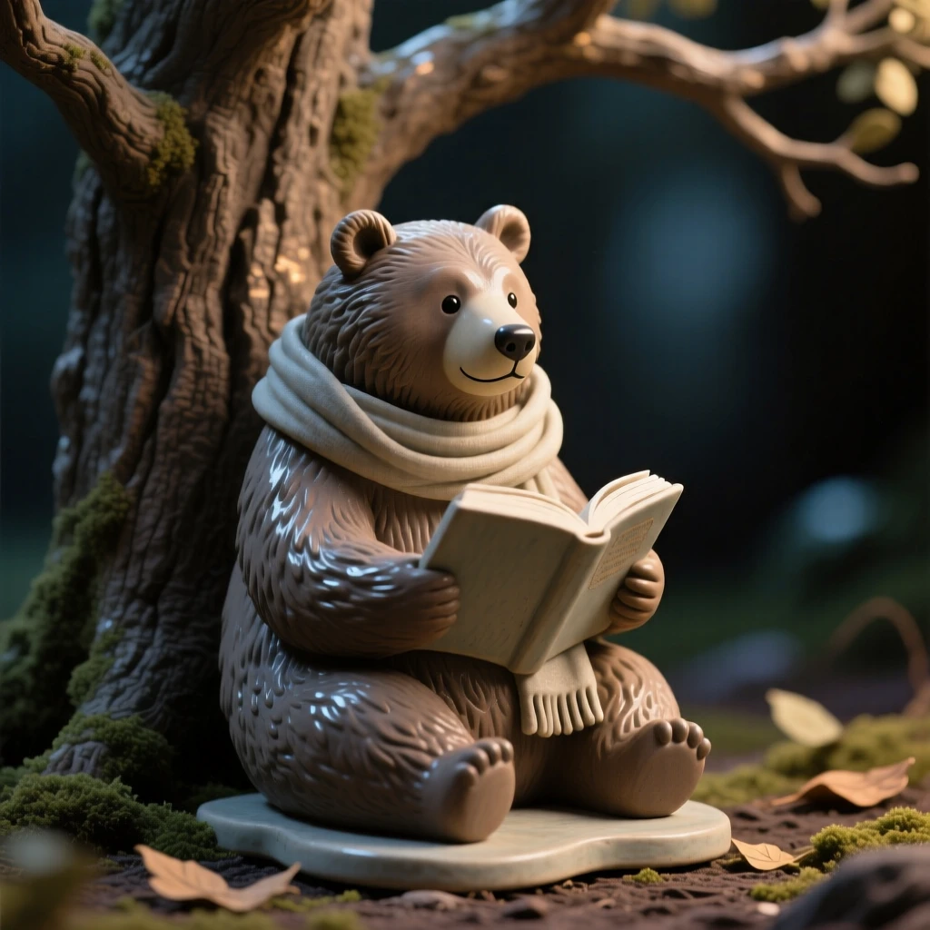 A bear in a scarf reading beneath a tree frozen in a scene of cozy togetherness, bathed in the soft glow of a magical evening, conveying pure, heartwarming whimsy.