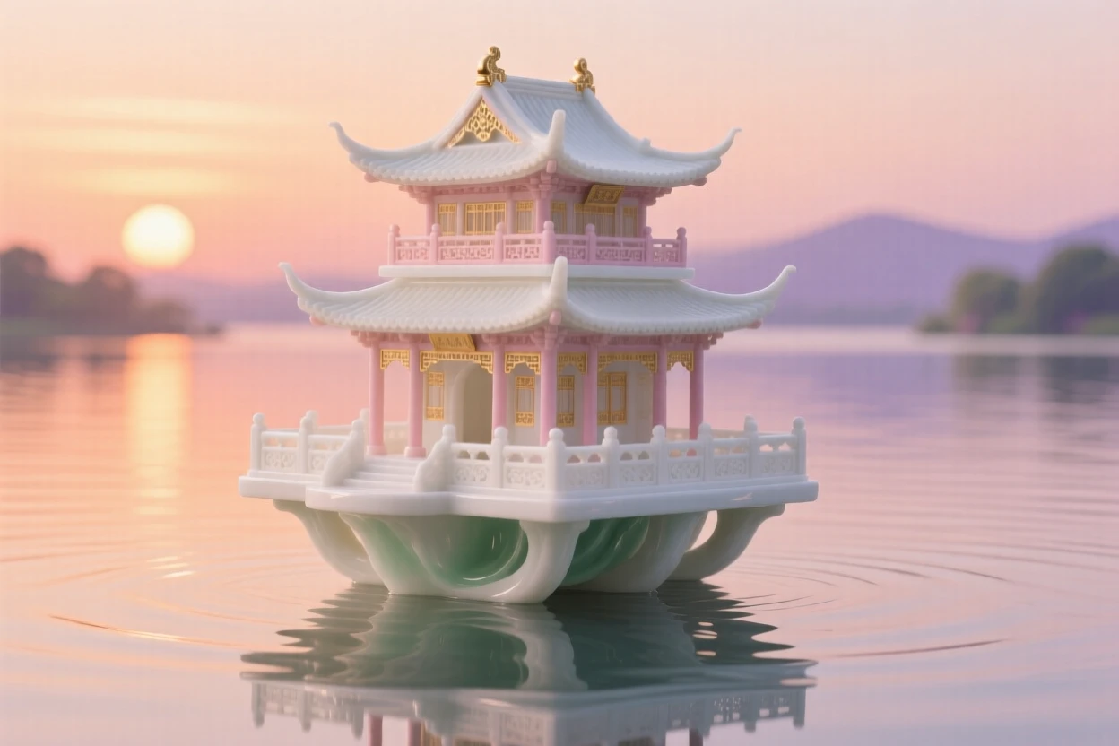 A grand view of a floating pagoda on a still lake, glowing warmly at sunset.