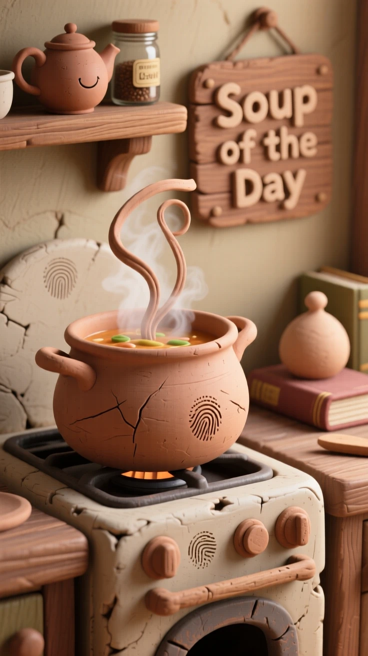 A steaming pot of soup on a rustic stove in a cozy kitchen