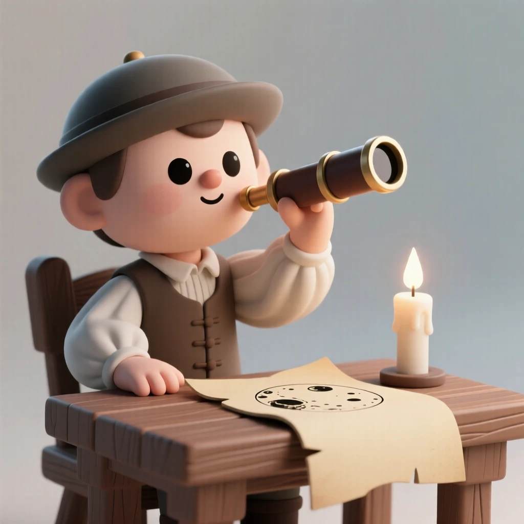 A curious Renaissance scientist peers through an early telescope, sketching the moon's craters by candlelight.