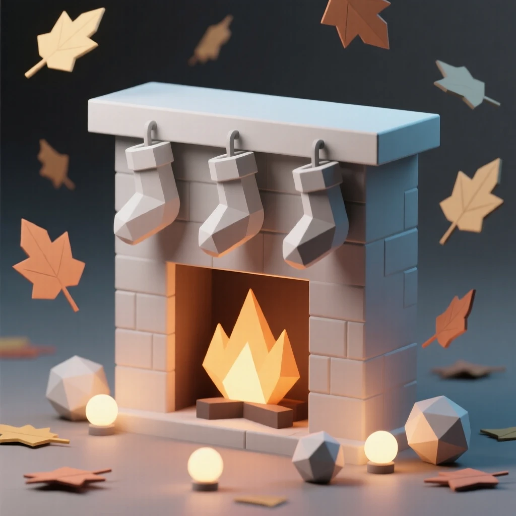 A cozy fireplace scene with stockings hung above, as autumn leaves drift through the air. warm glowing lights create a festive ambiance. It captures a moment of pure celebration.