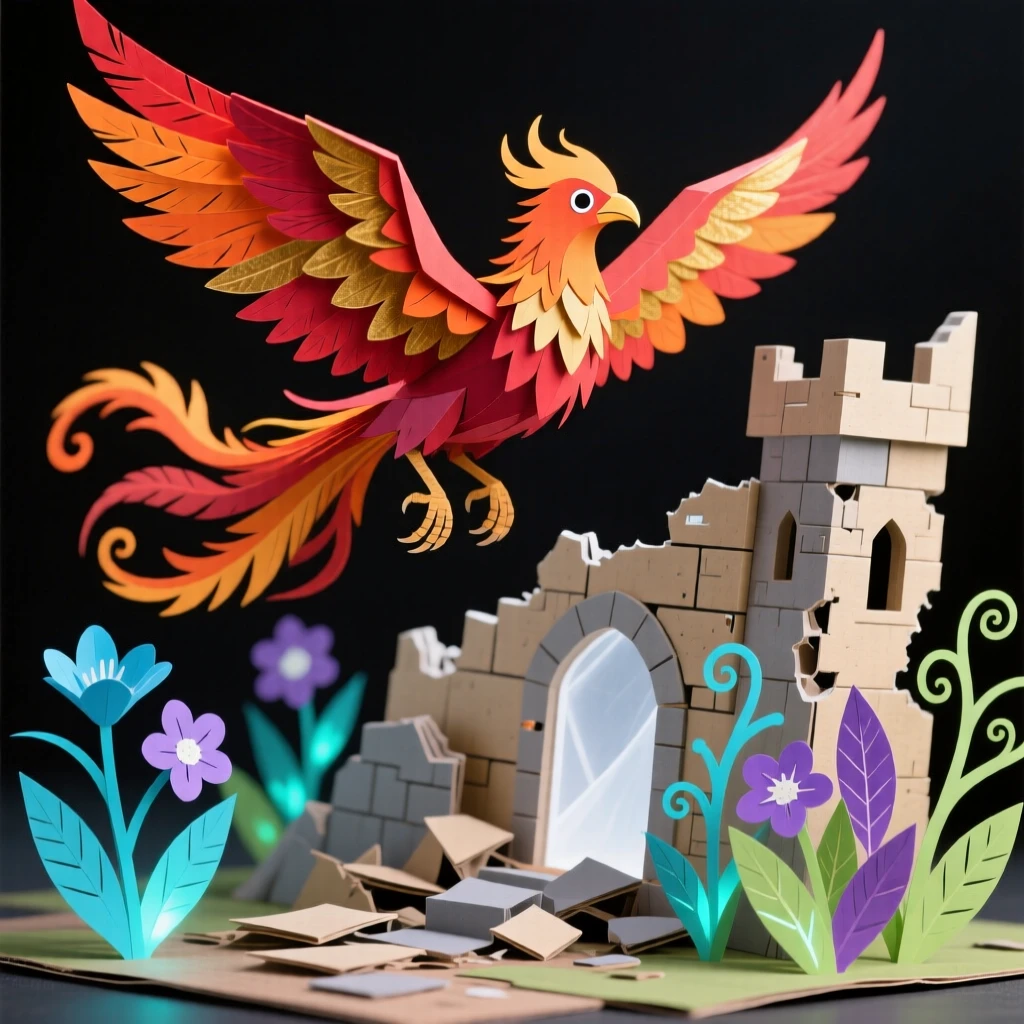 A phoenix in mid-flight soaring above a crumbling ancient castle, with luminescent plants lighting the surroundings, evoking ancient power and mystery.