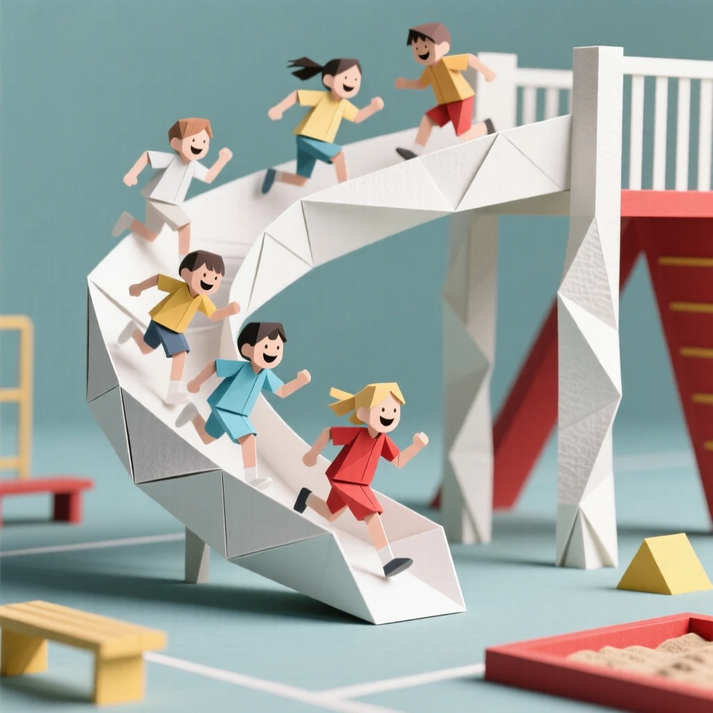 A playground scene with children racing down a spiral slide, laughter frozen mid-motion.