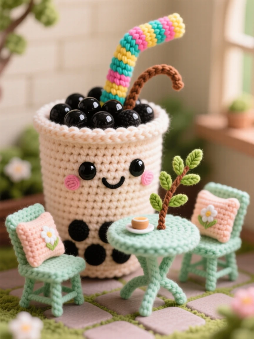 A delightful still-life of a smiling bubble tea cup character with tapioca pearls at the bottom, topped with a wide colorful straw within a garden patio set for afternoon tea; a sprig of fresh herbs as garnish nearby, full of a cozy sense of shared treats.