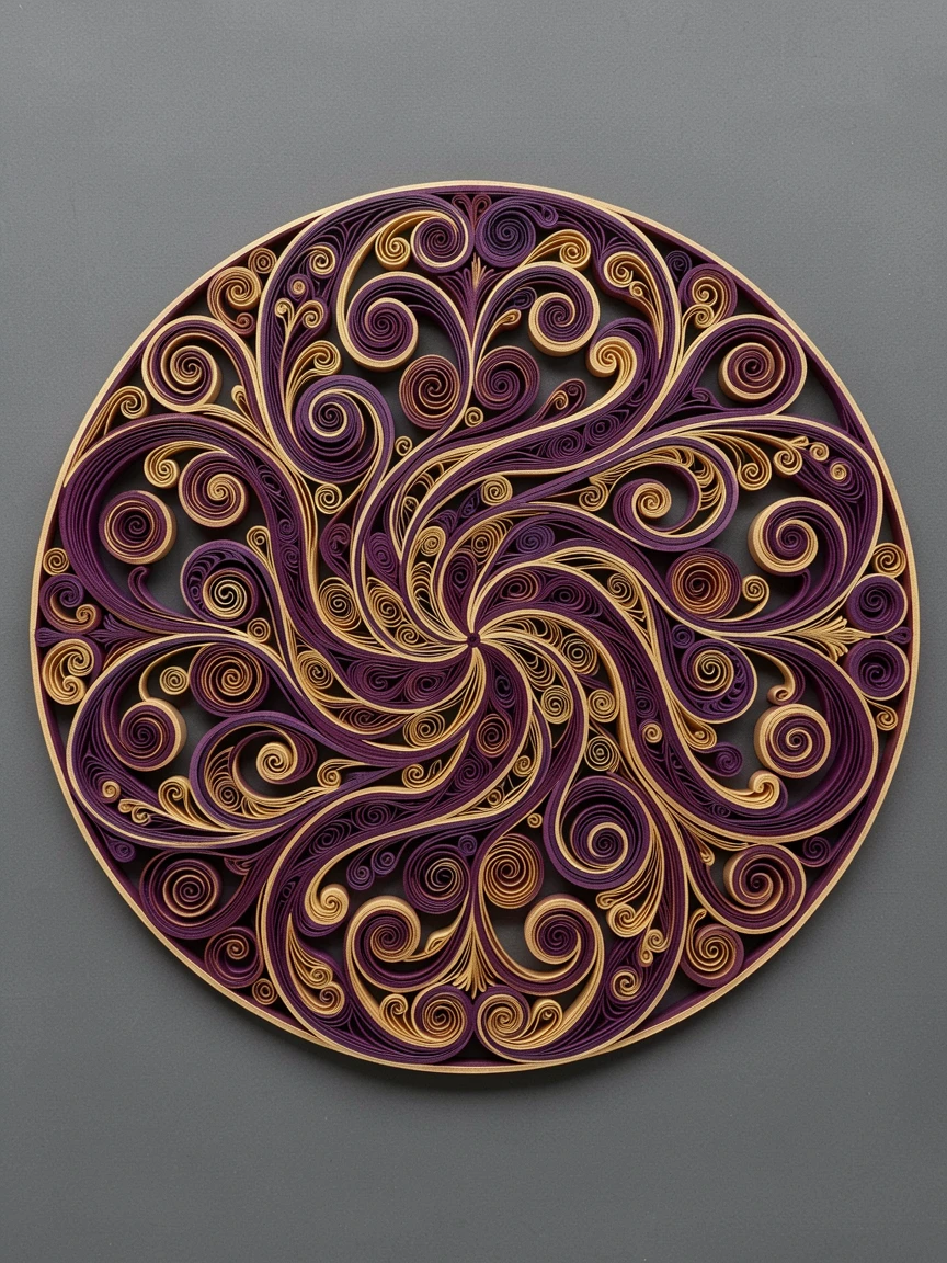 An elegant design featuring a swirling paisley pattern arranged in a perfect circle, composed with a strong central focal point, in rich plum and antique gold hues, centered on a soft charcoal grey surface.