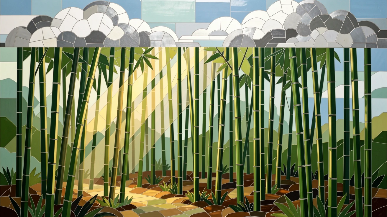 A wide panoramic view of a tranquil bamboo forest with sunlight filtering through tall green stalks, with dramatic clouds and rich natural color.
