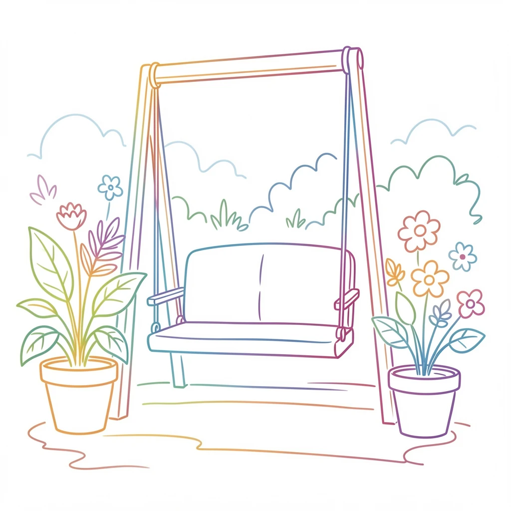 A porch swing surrounded by potted plants overlooking a garden.