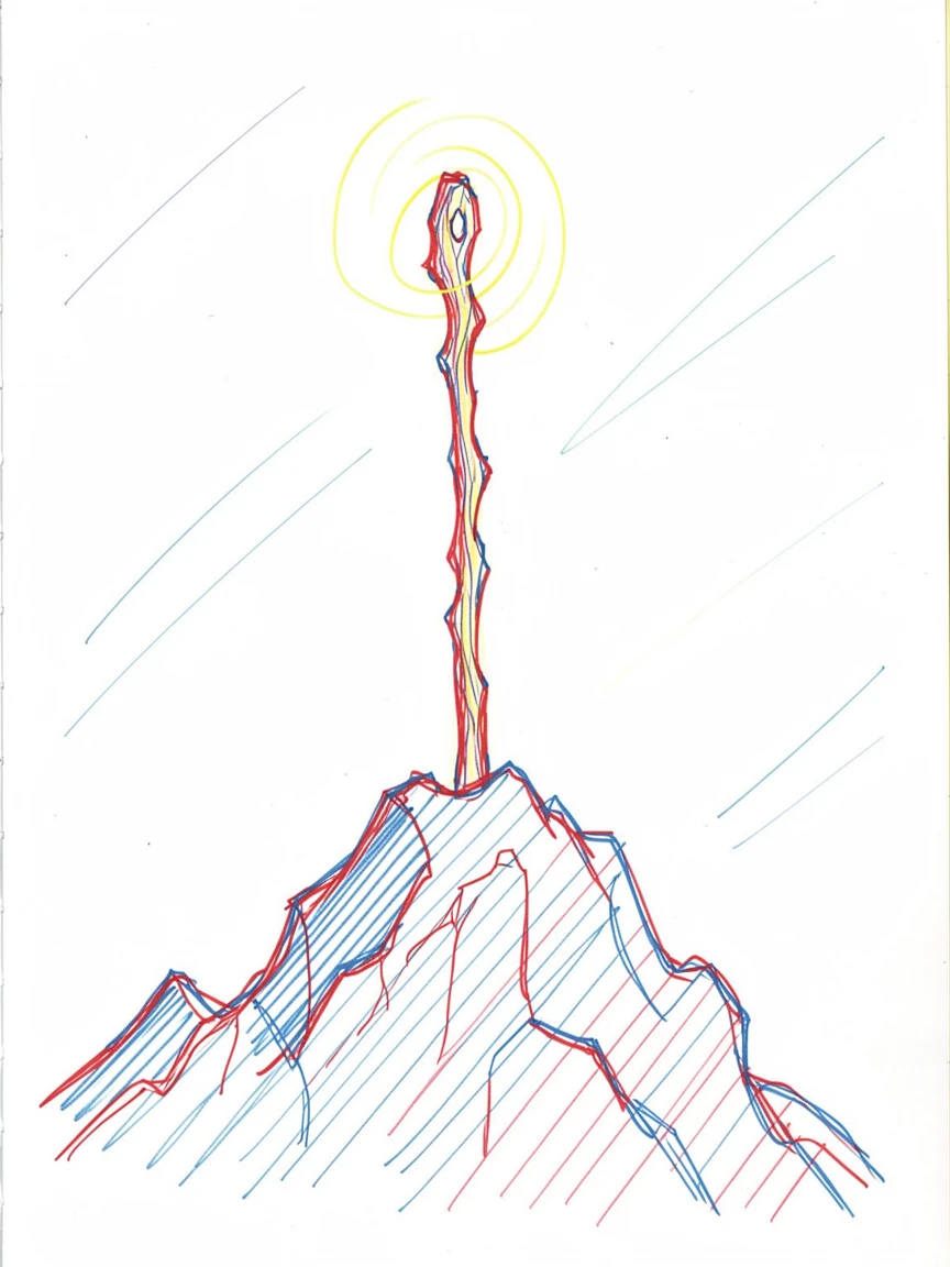 A wandering wizard's staff glowing atop a windswept mountain peak
