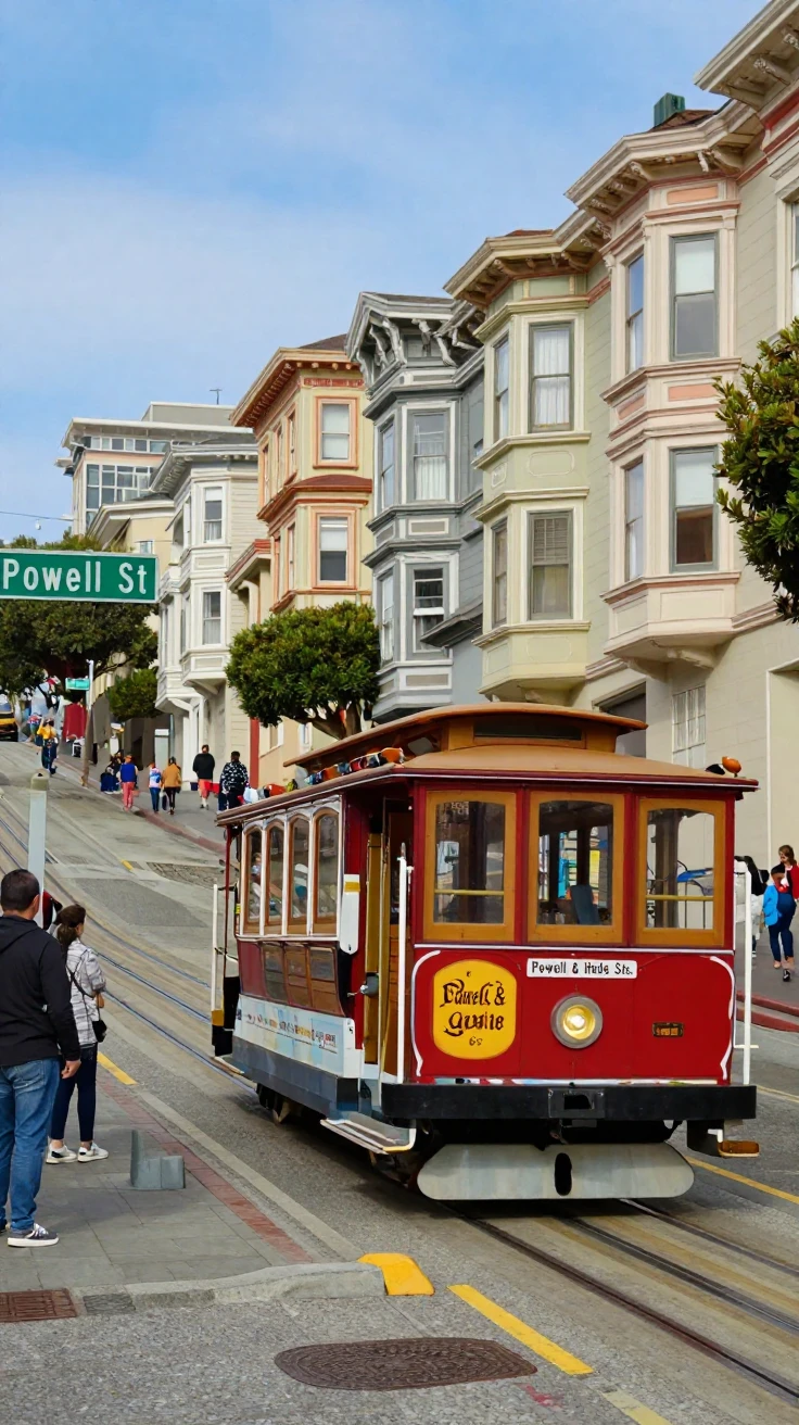 A cable car climbing a steep hill in San Francisco