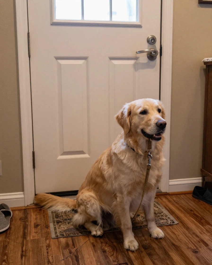 A dog waits patiently by the door with a leash in its mouth, tail wagging.